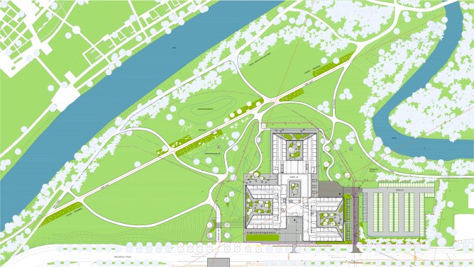 Planung ILB Neubau, Stand 2014 mit Parkfläche (ILB/KSP Jürgen Engel Architekten GmbH)