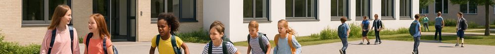 Kinder vor Schulgebäude