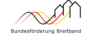 Logo Bundesförderung Breitband Wort-Bildmarke mit 3 Wellenlinien und 3 stilisierten Häusern