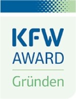 Logoschriftzug KfW AWARD Grüdnen : blaue schrift auf hellgrünem Untergrund